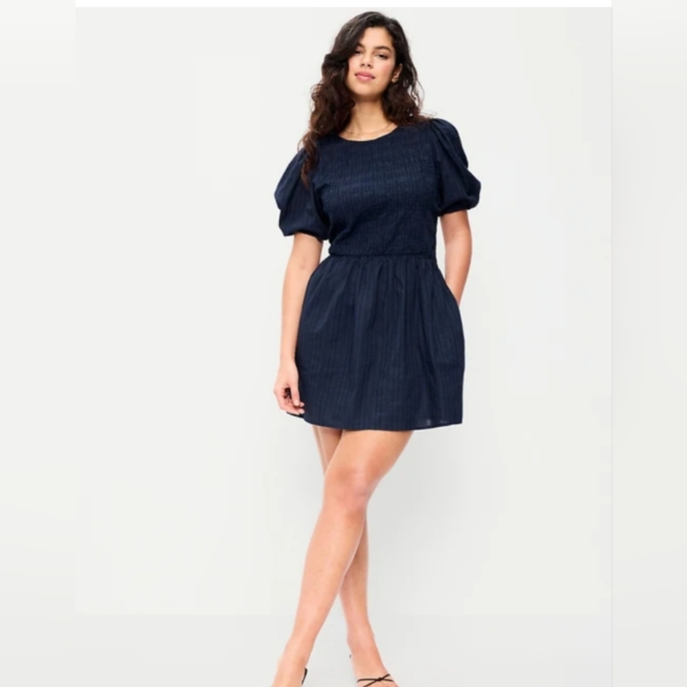 Old Navy Navy Puff-Sleeve Mini Dress Color Arctic Depth. NEW